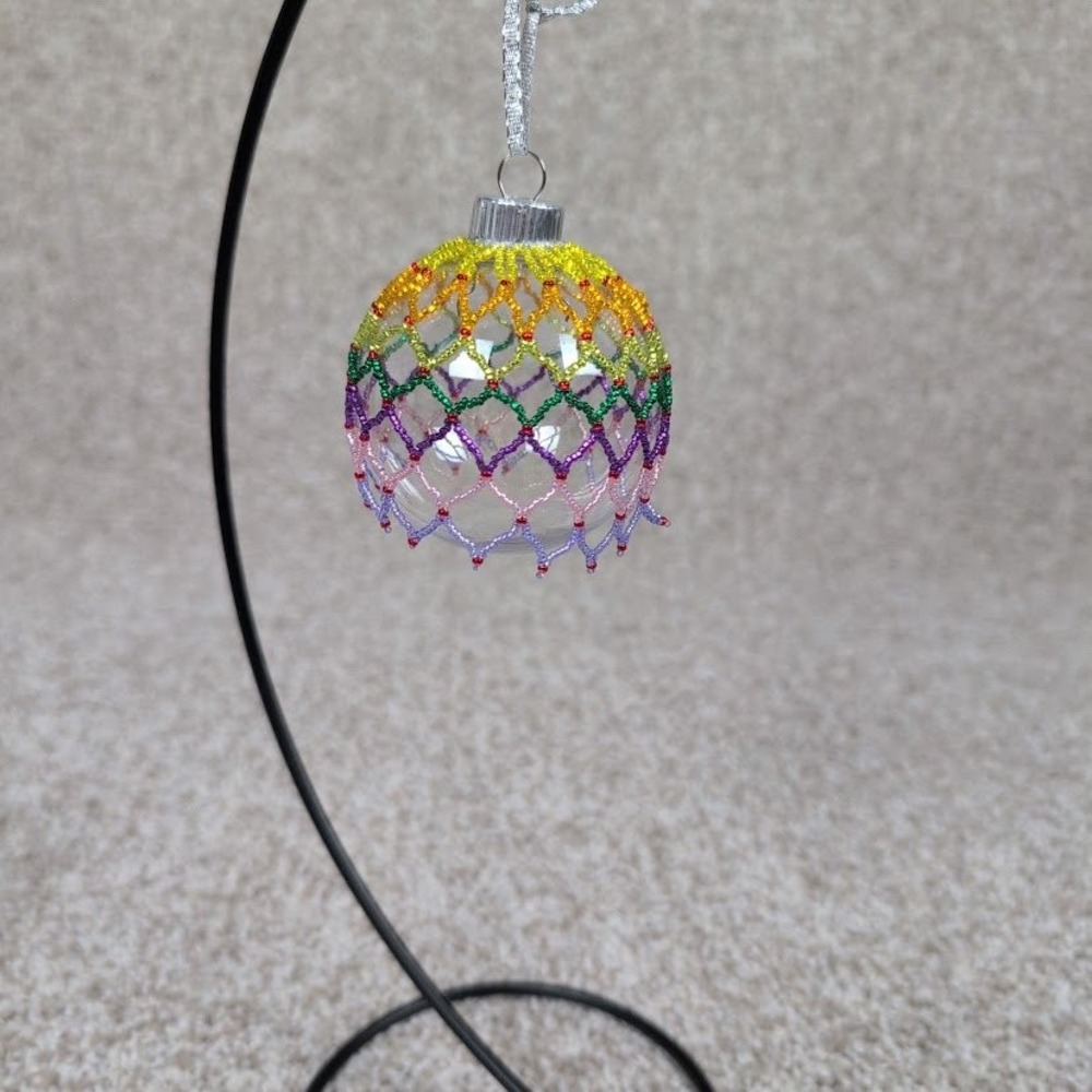 Handmade Beaded Sparkle Medley‎ Silver Ribbon Christmas Ornament Ball Holiday